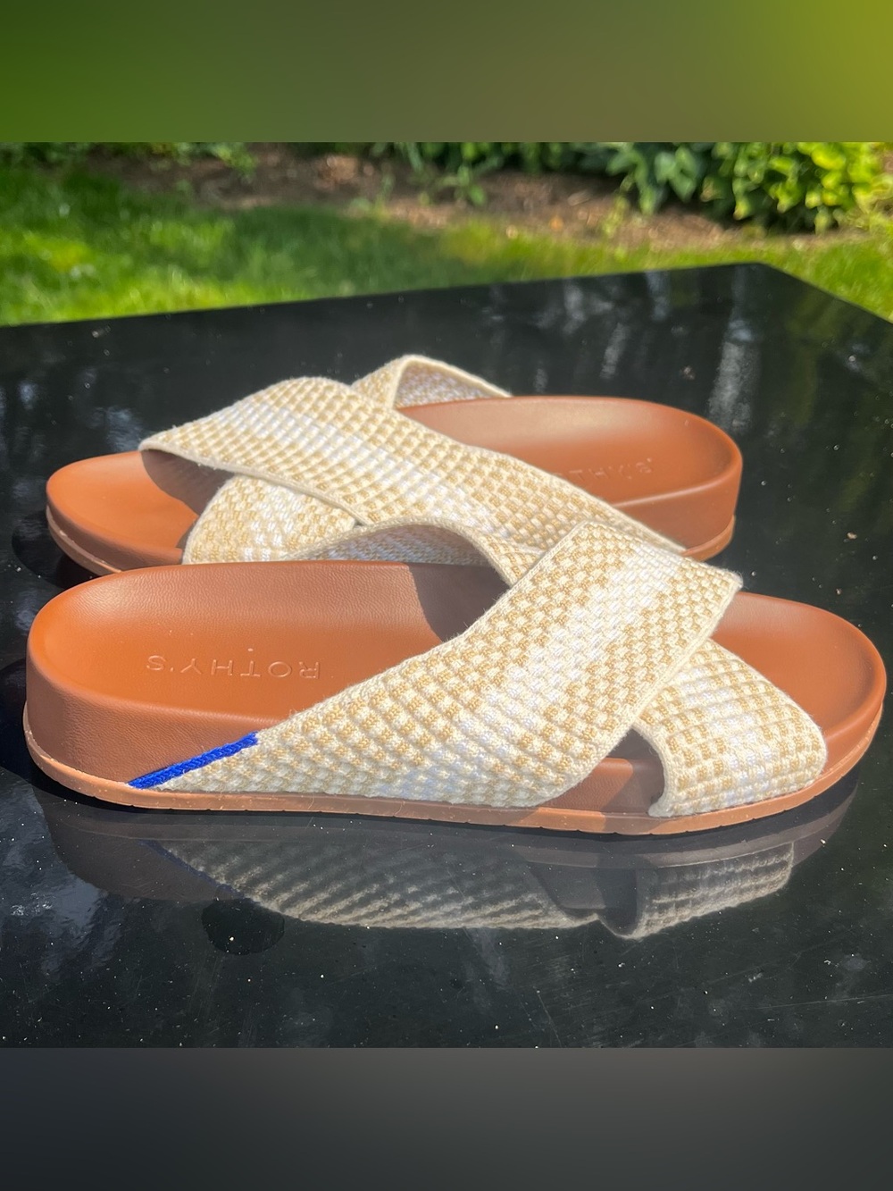 Rothy's The Weekend Slide Sandal Oat Beige Stripe Woven size 6